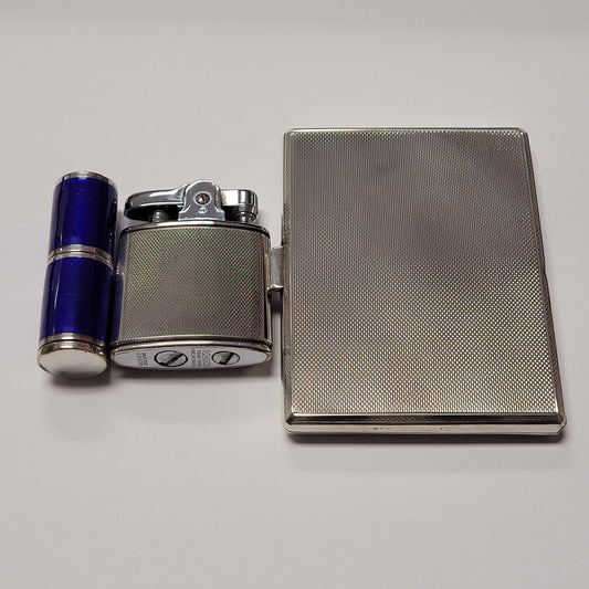 Ronson Sterling Silver Blue Enamel Lighter Case & Lipstick Set