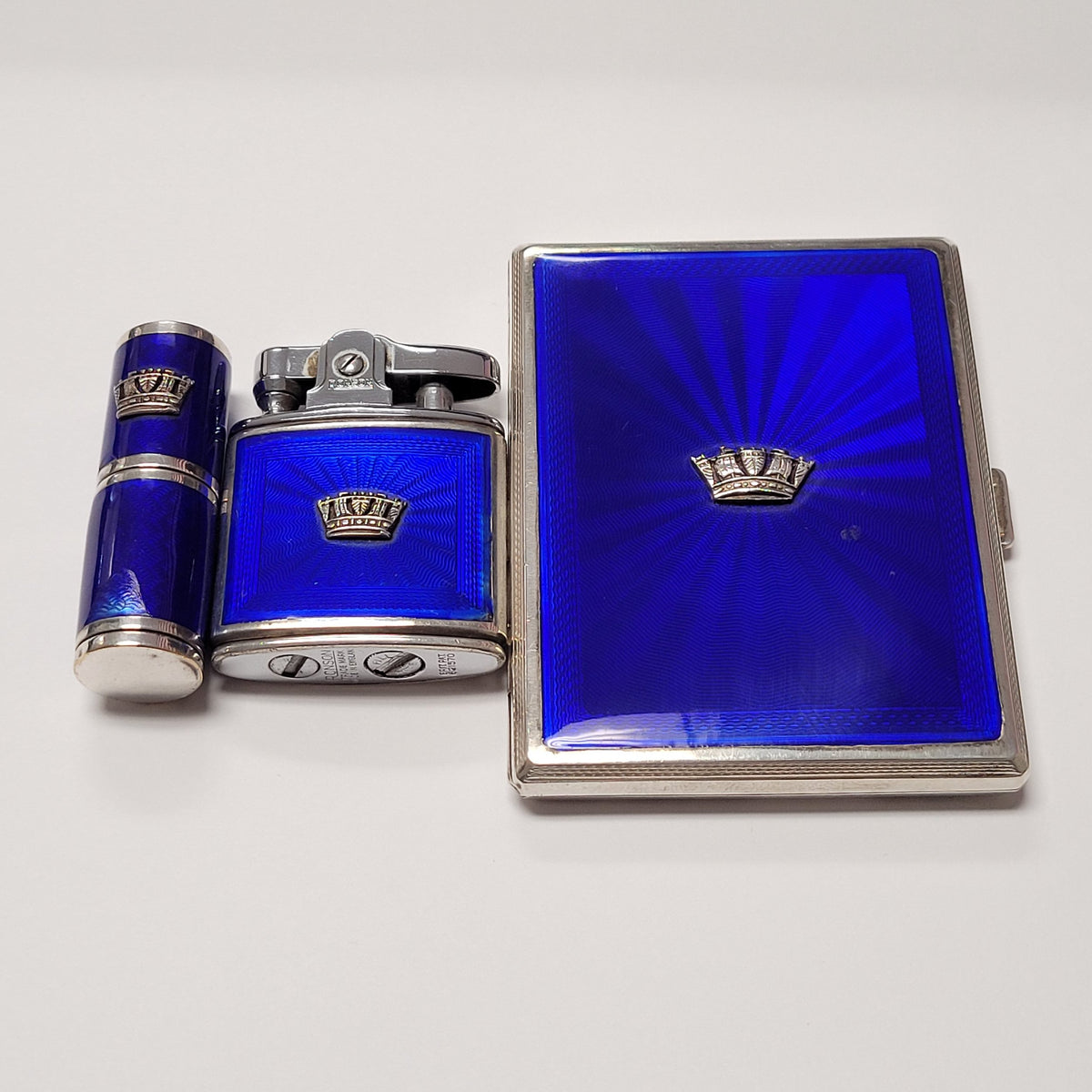 Ronson Sterling Silver Blue Enamel Lighter Case & Lipstick Set