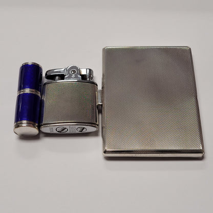 Ronson Sterling Silver Blue Enamel Lighter Case & Lipstick Set