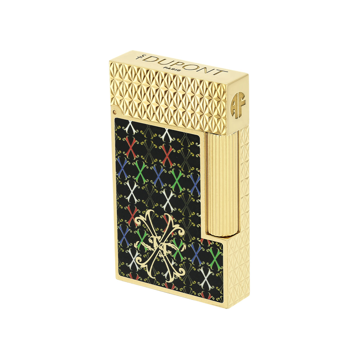A gold-tone lighter with a textured top and side, featuring a black front panel decorated with a colorful repeating X pattern and a gold monogram logo. The brand name 'DUPONT' is engraved on the top.